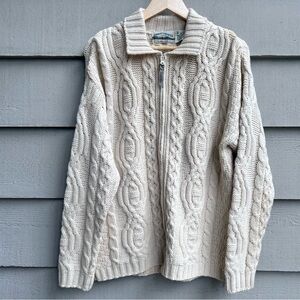 NWT Aran Crafts Irish Cable Knit Zip Up Sweater Cream Merino Wool Size Medium